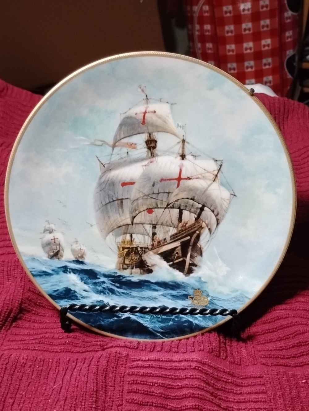 Vtg 8.5-inch porcelain plate "Under Full Sail" "Columbus Discovers America"